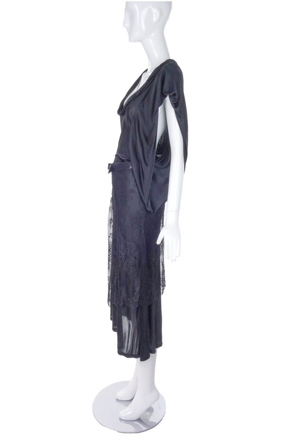 Boudicca Black Silk Jersey Draped Dress with Leather Belt Lace Apron FW2005