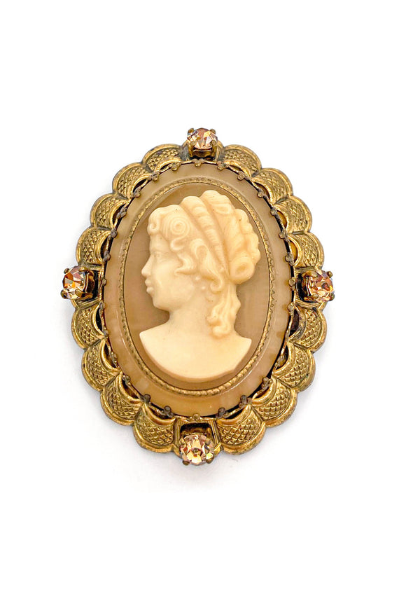 Vintage Cameo Caramel Rhinestone & Clear Glass Broach