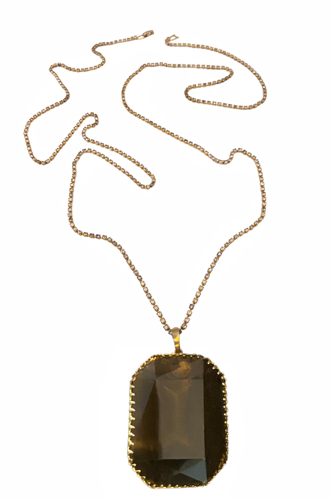 Vintage Brown Tourmaline Large Emerald Cut Pendant On Long Gold Diamond Necklace