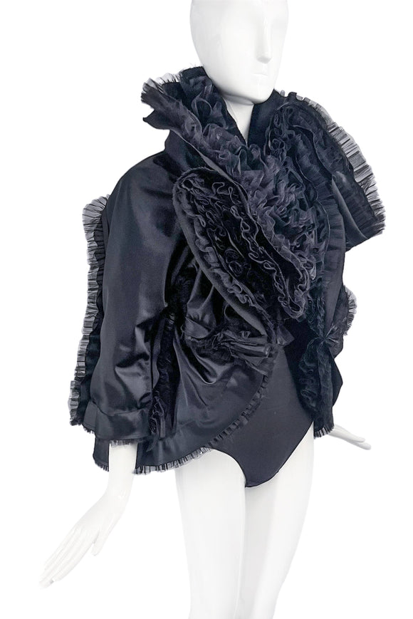 Comme des Garcons Black Satin Ruffle Tulle Couture Cape Jacket