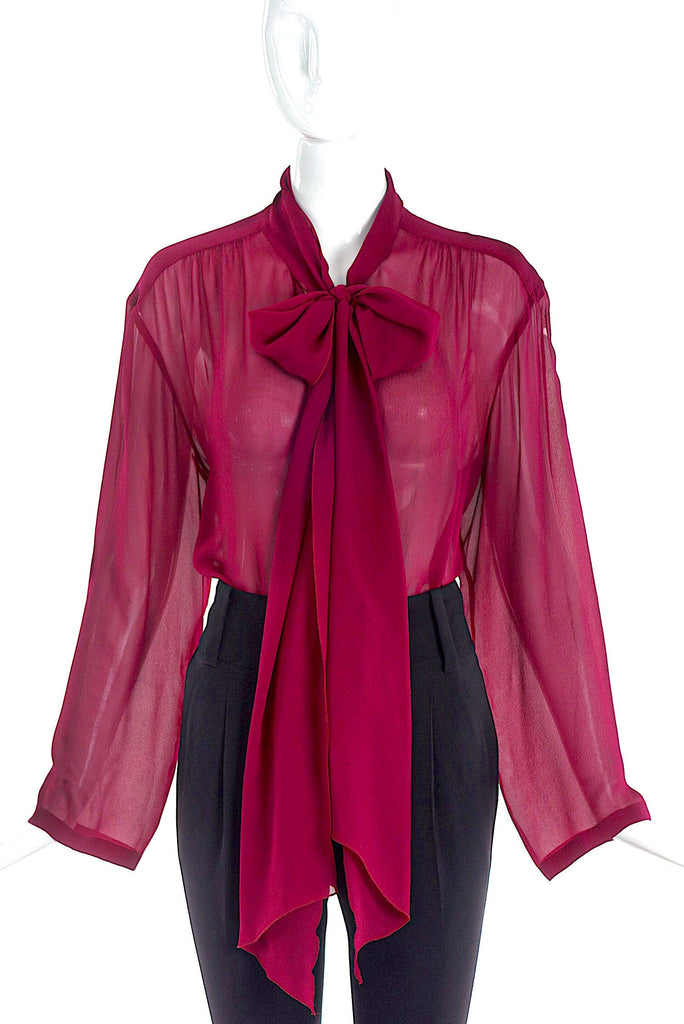 Chanel Red Maroon Berry Chiffon Pussy Bow Blouse FW1998