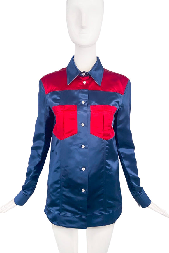 Calvin Klein by Raf Simmons Red Blue Satin Western Shirt Runway Spring 2018