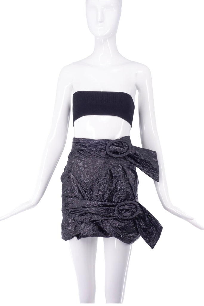Carmen March Black Crinkled Silk - "Trash Bag" Nylon Fabric - Double Belted Mini Skirt