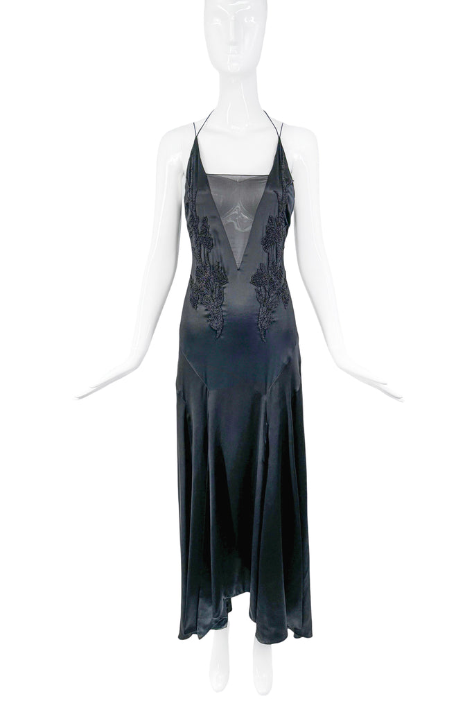 Roberto Cavalli Black Satin Silk Sheer V Panel Beaded Slip Dress Gown