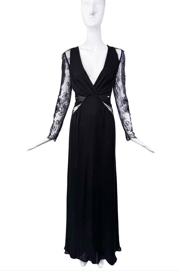 Roberto Cavalli Black Lace Cut Out Long Sleeve Dress Gown