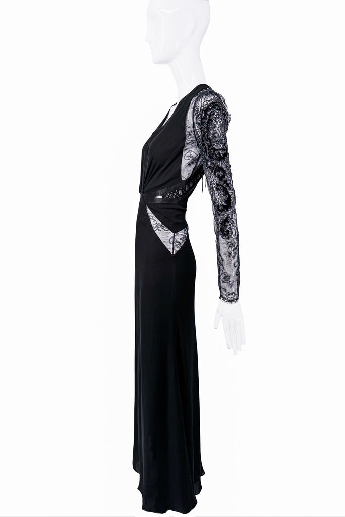 Roberto Cavalli Black Lace Cut Out Beaded Long Sleeve Dress Gown