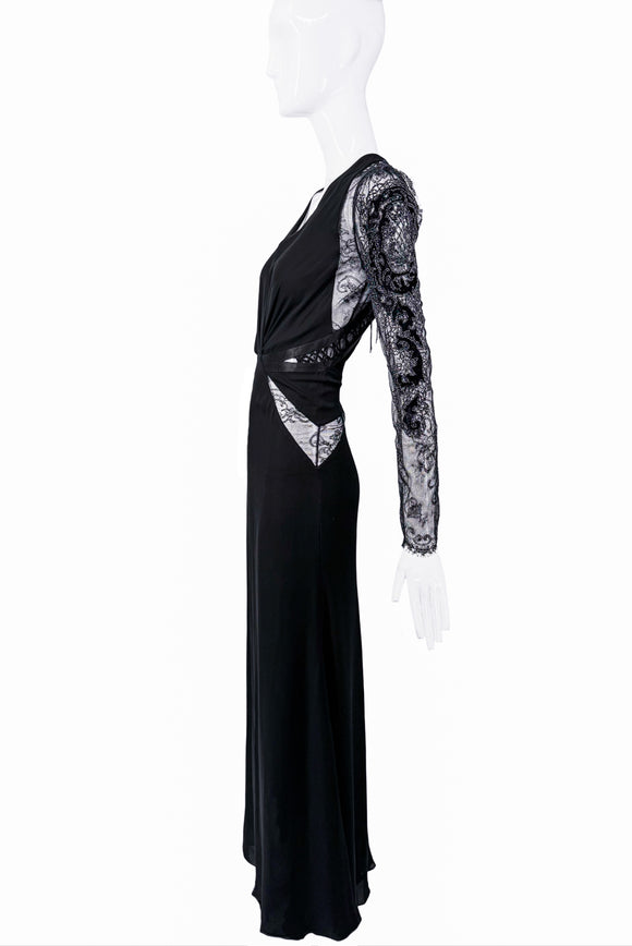 Roberto Cavalli Black Lace Cut Out Beaded Long Sleeve Dress Gown