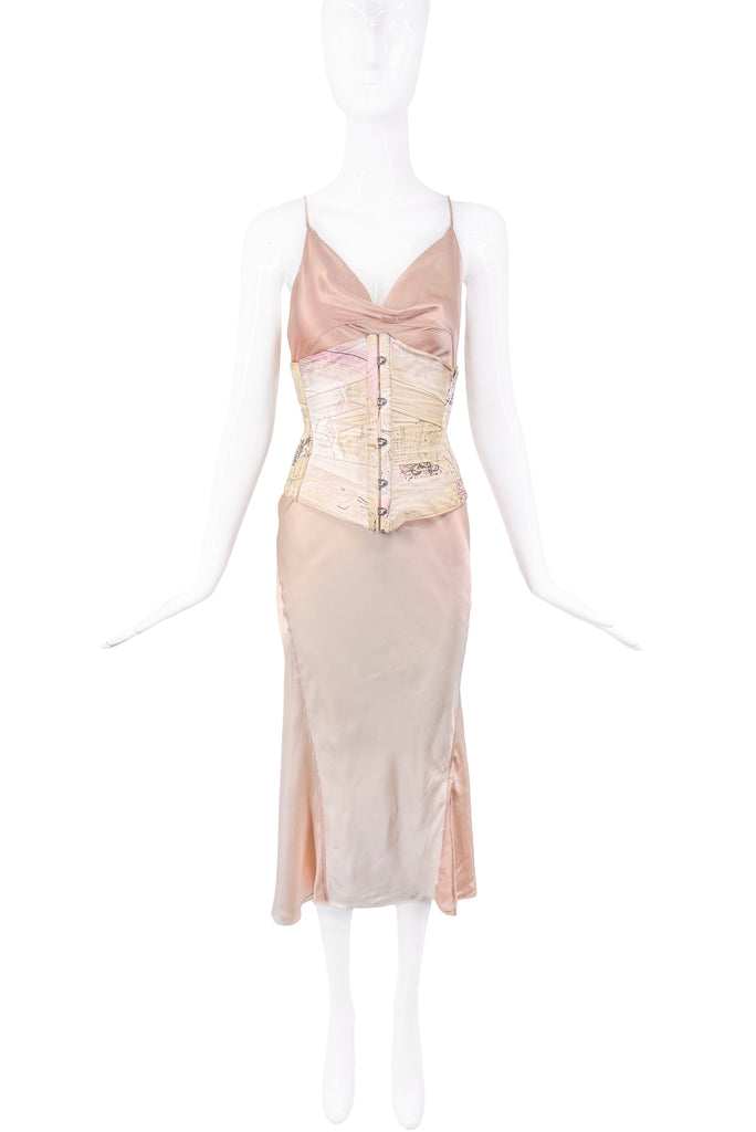 Roberto Cavalli Nude Blush Pink Gradation Leather Straps Silk Slip Dress Gown with corset 2002
