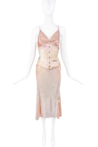 Roberto Cavalli Nude Blush Pink Gradation Leather Straps Silk Slip Dress Gown with corset 2002