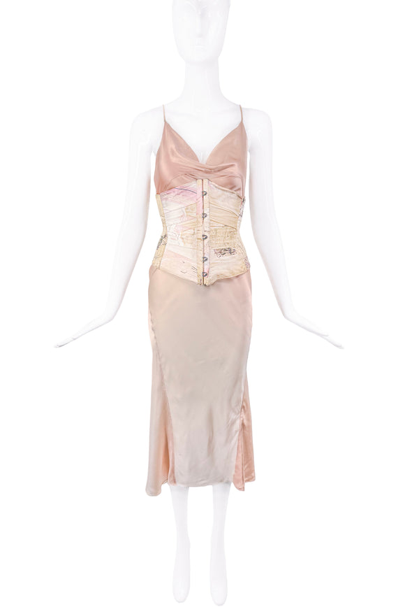Roberto Cavalli Nude Blush Pink Gradation Leather Straps Silk Slip Dress Gown with corset 2002