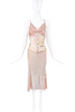 Roberto Cavalli Nude Blush Pink Gradation Leather Straps Silk Slip Dress Gown with corset 2002