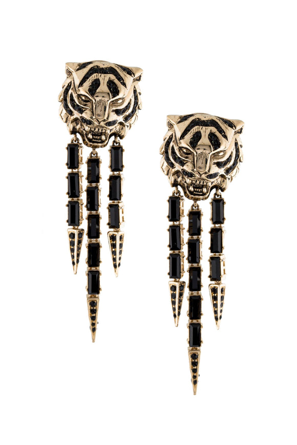 Roberto Cavalli Black Tiger Gem Stone Fringe Earrings