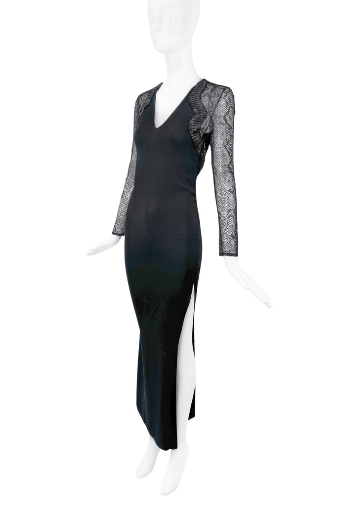 Roberto Cavalli Black Sheer Snake Skin Print Long Sleeve Beaded Gown