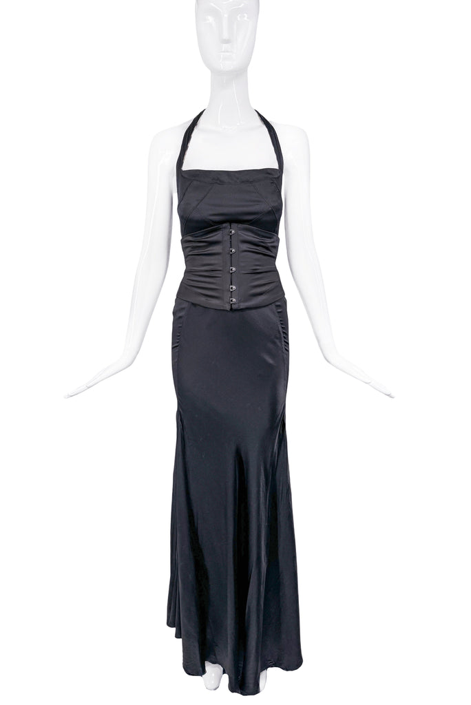 Roberto Cavalli Black Silk Satin Stretch Square Neckline Halter Neck Dress Gown With Corset