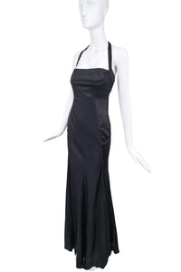 Roberto Cavalli Black Silk Satin Stretch Square Neckline Halter Neck Dress Gown