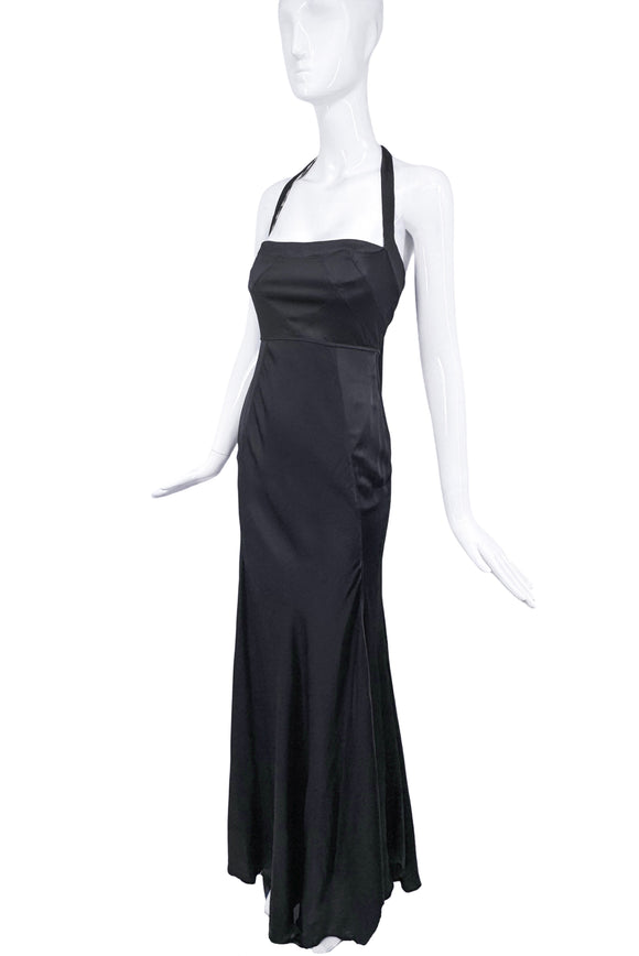 Roberto Cavalli Black Silk Satin Stretch Square Neckline Halter Neck Dress Gown