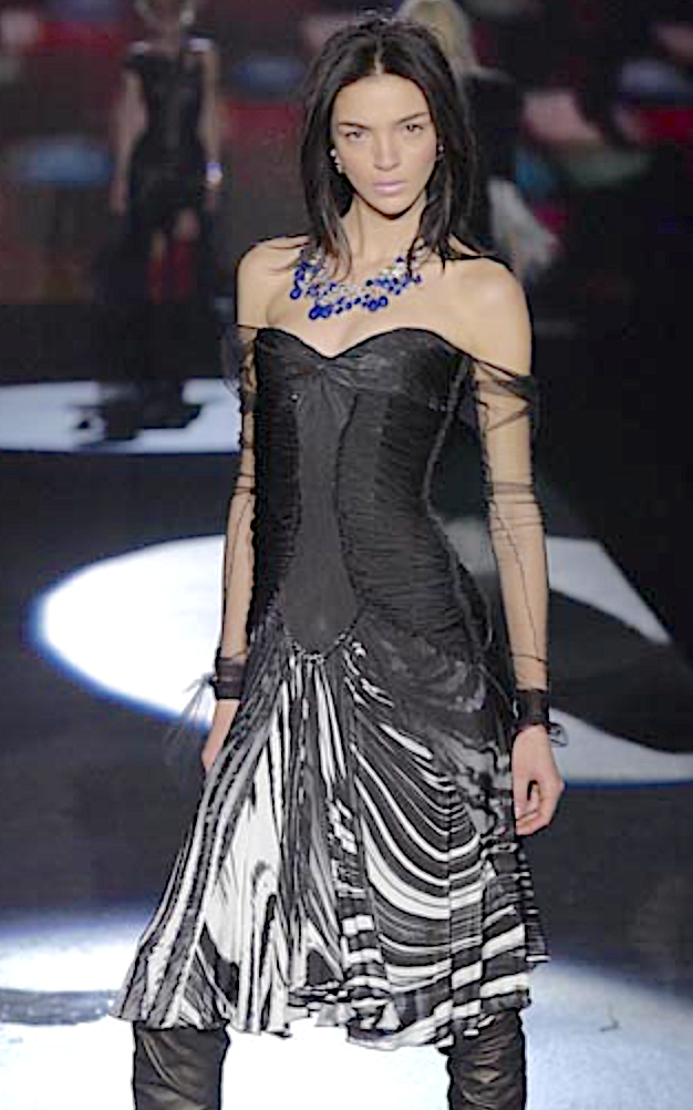 Roberto Cavalli Black Ruched Corset Zebra Print Fit and Flare Dress Runway Fall 2003