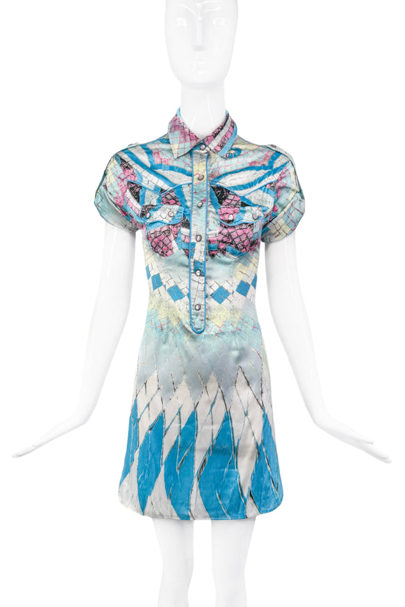 Roberto Cavalli Blue Short Sleeve Collared Printed Dress Spring 2004