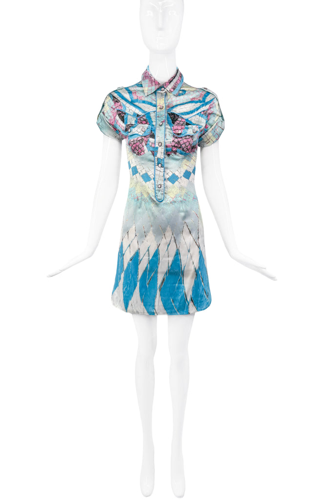 Cavalli Blue Short Sleeve Collared Printed Dress