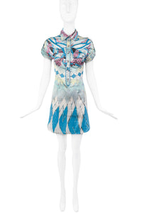 Cavalli Blue Short Sleeve Collared Printed Dress