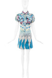 Cavalli Blue Short Sleeve Collared Printed Dress