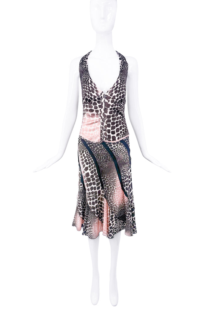 Roberto Cavalli Brown & Pink Checkered Giraffe Print Midi Skirt 2003/2004