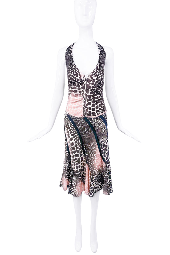 Roberto Cavalli Brown & Pink Checkered Giraffe Print Midi Skirt 2003/2004