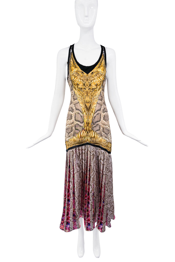 Roberto Cavalli Gold and Black Snake Print Accordian Pleat Dress