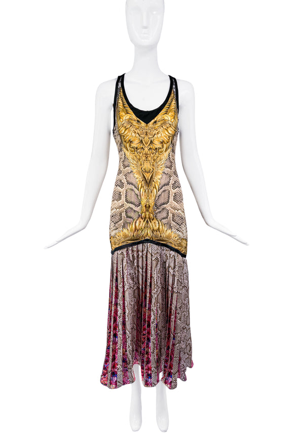 Roberto Cavalli Gold and Black Snake Print Accordian Pleat Dress