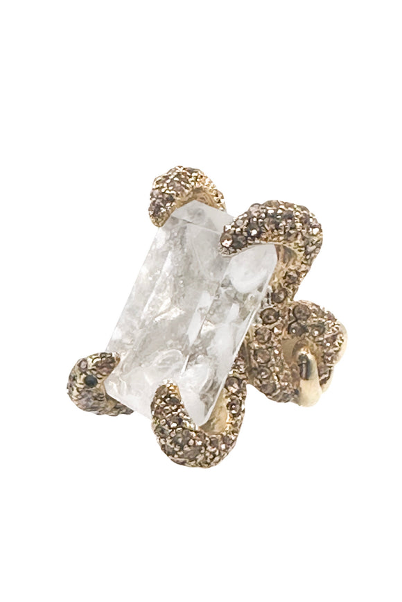 Roberto Cavalli Gold Rock Crystal Encrusted Claw Cocktail Ring 2003