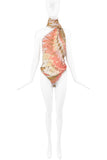 Roberto Cavalli Pink Orange Rose Creme Diamond Print Asymmetric Wrap Neck Body Suit Top