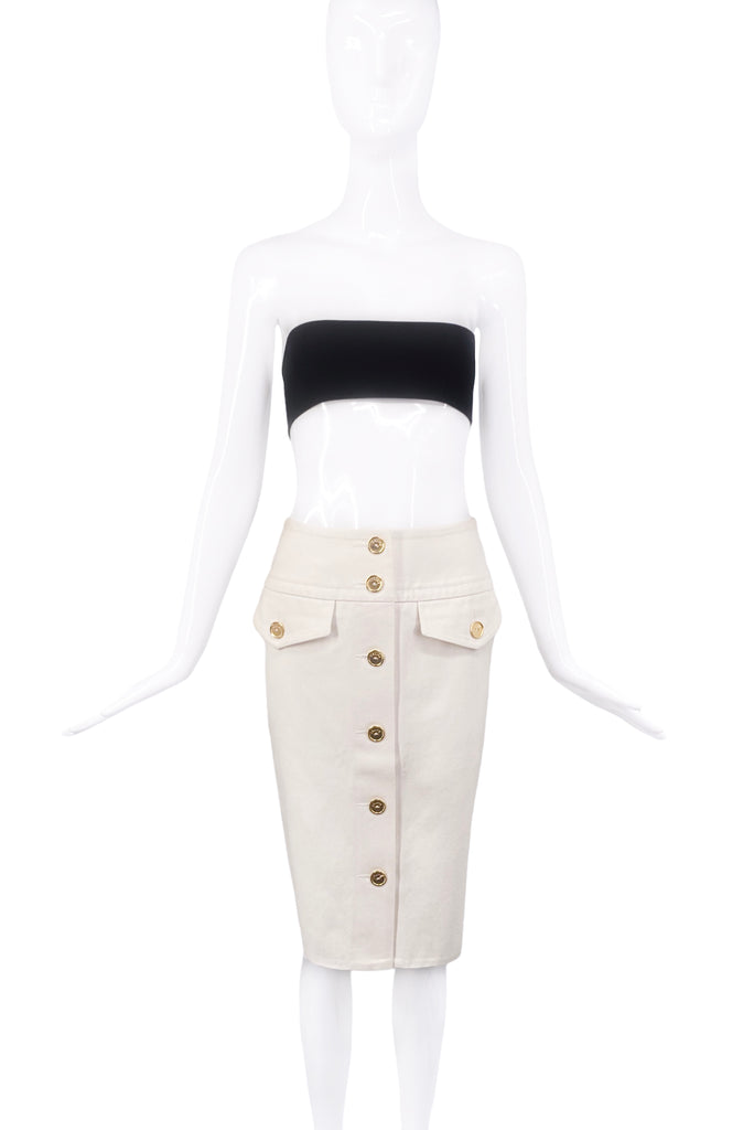 Celine White Denim Gold Button Down Pencil Skirt