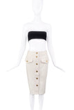 Celine White Denim Gold Button Down Pencil Skirt