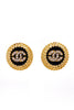 Chanel Button Black & Gold Basketweave & Rhinestone Logo Earrings