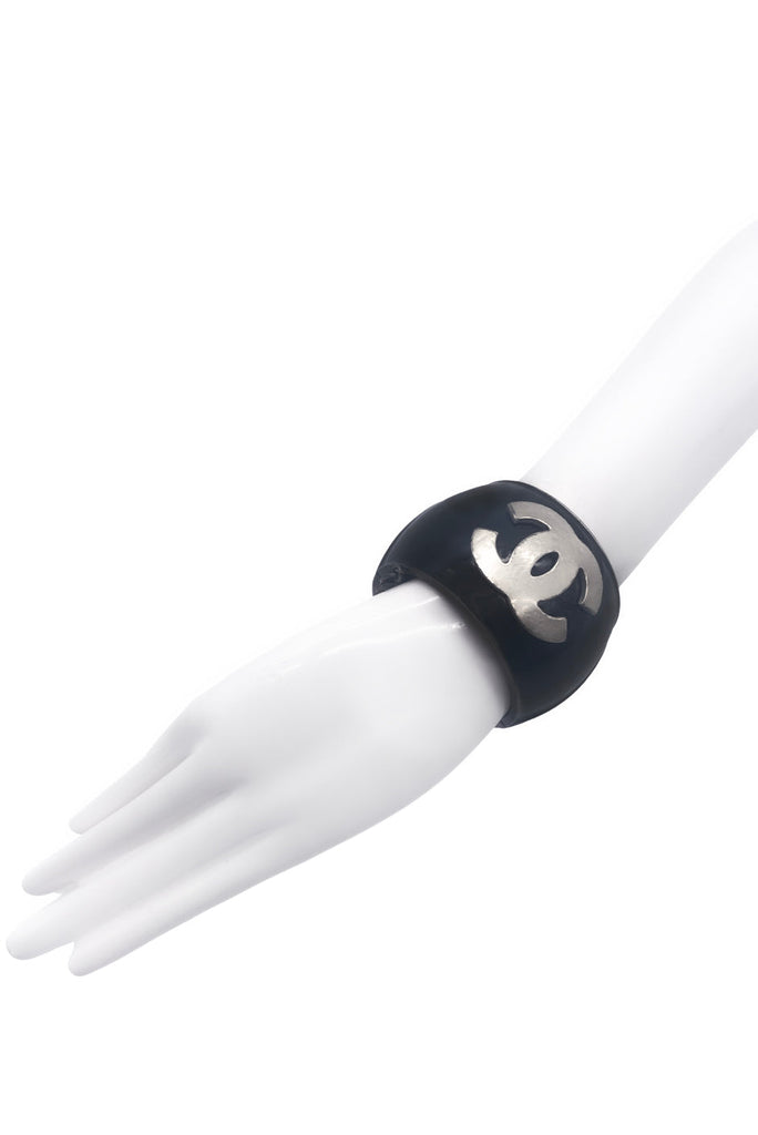 Chanel Black Resin Cuff Bracelet with Large Silver CC Logo