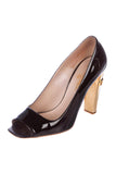 Chanel Black Patent Leather Peep-Toe Pump with Gold CC Logo Heel Size 42