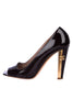 Chanel Black Patent Leather Peep-Toe Pump with Gold CC Logo Heel Size 42