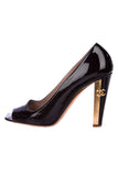 Chanel Black Patent Leather Peep-Toe Pump with Gold CC Logo Heel Size 42
