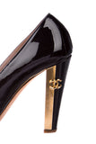 Chanel Black Patent Leather Peep-Toe Pump with Gold CC Logo Heel Size 42