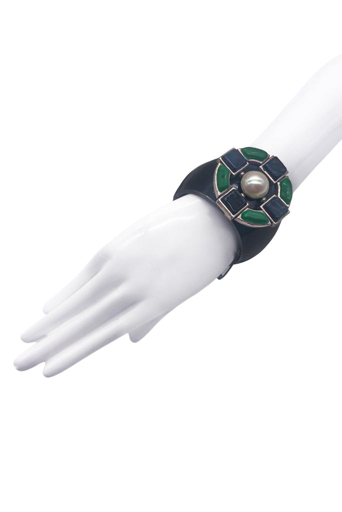Chanel Jade Onyx Maltese Cross Cuff Bracelet with Pearl