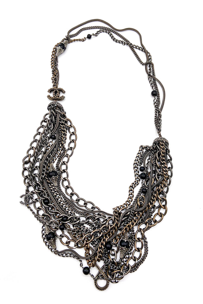 Chanel Multi Chain Necklace with Embedded CC Logos and Black Glass Balls