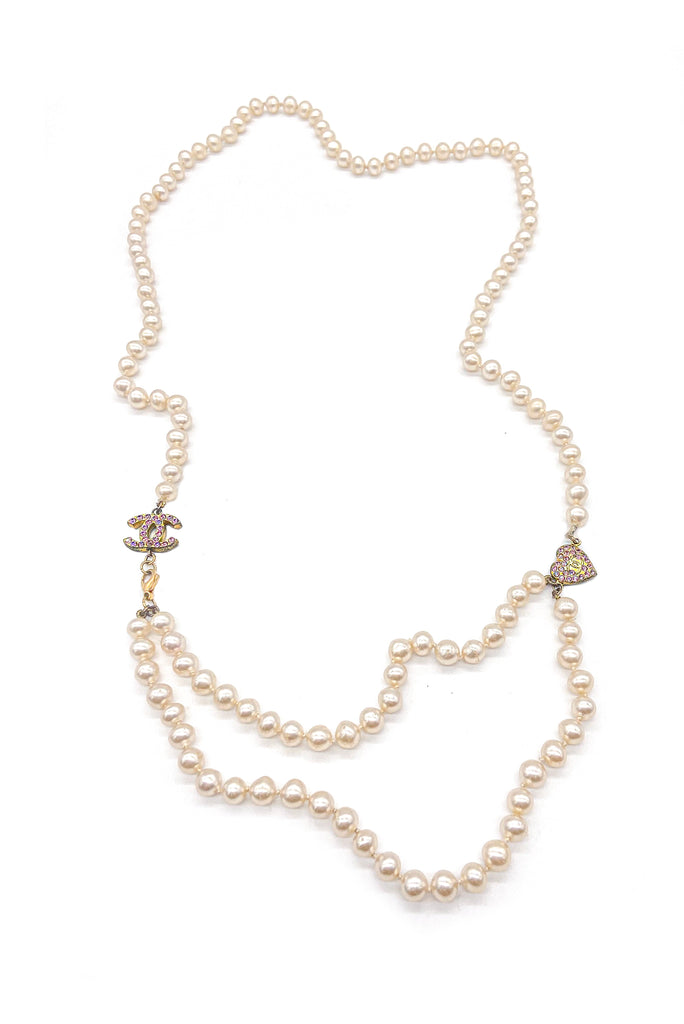 Chanel Pearl Necklace with CC and Heart Charm SS2002