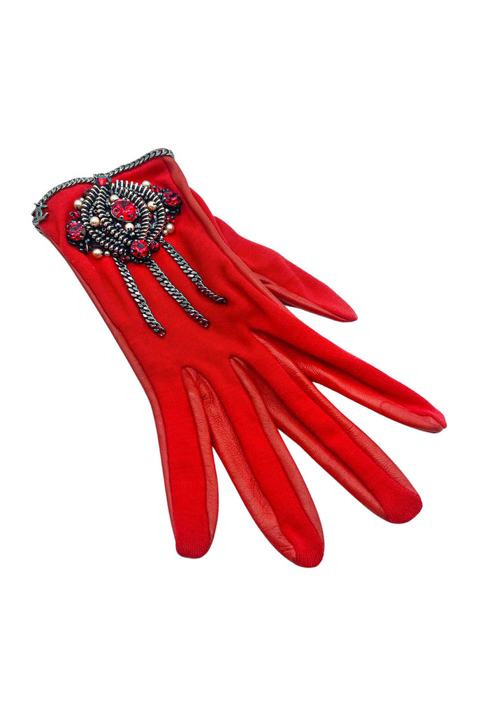 Chanel Red Leather and Jersey Embellished Gloves