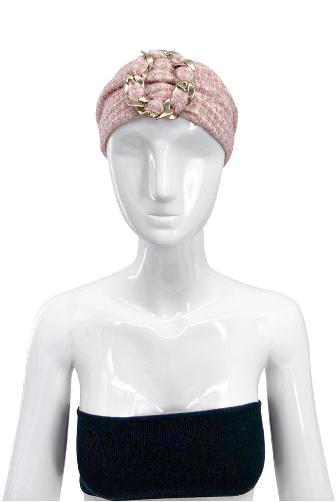 Chanel Pink Tweed Headband with Chain Link Detail
