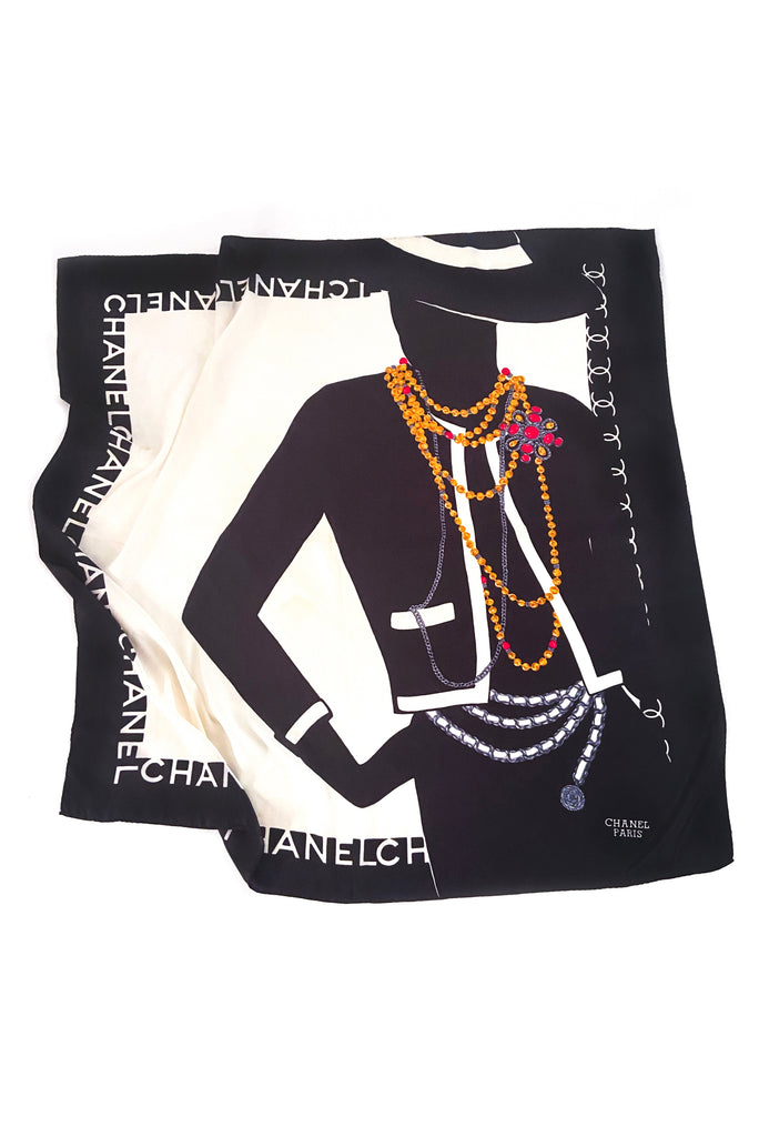 Chanel Silk Mademoiselle Scarf with Camellia Gripoix Pearl Necklace and Iconic Leather Weave Coin Belt