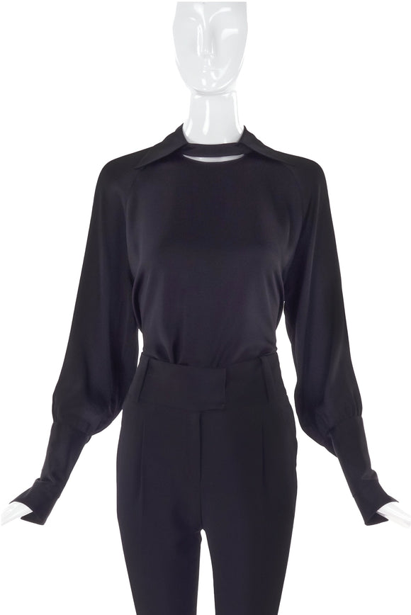 Chloé Black Silk Blouse with Cut-Out Detail Polo Shirt Collar 1970's