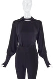 Chloé Black Silk Blouse with Cut-Out Detail Polo Shirt Collar 1970's