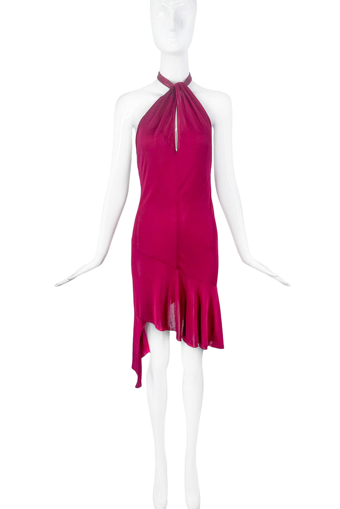 Christian Dior by John Galliano Pink Red Silk Asymmetric Halterneck Dress with matching Snake Choker Spring 2000