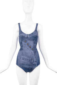 Christian Dior by John Galliano Blue Denim Print Logo One Piece Swim Bathing Bodysuit Spring 2000