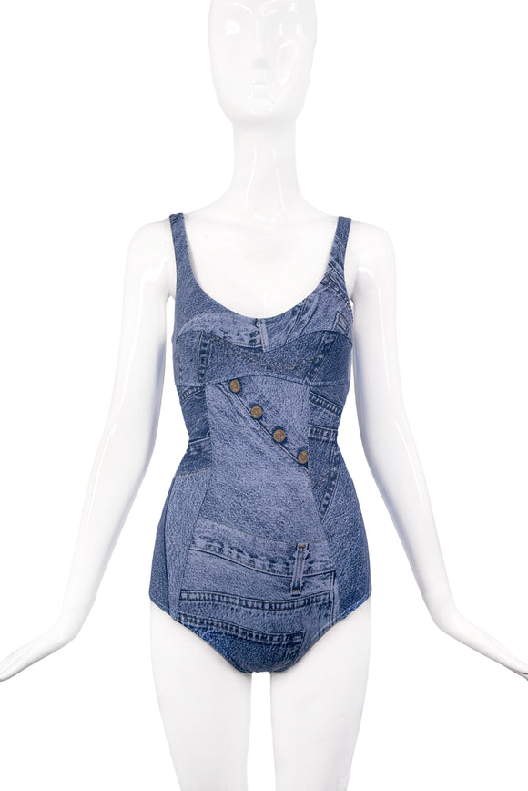 Christian Dior by John Galliano Blue Denim Print Logo One Piece Swim Bathing Bodysuit Spring 2000